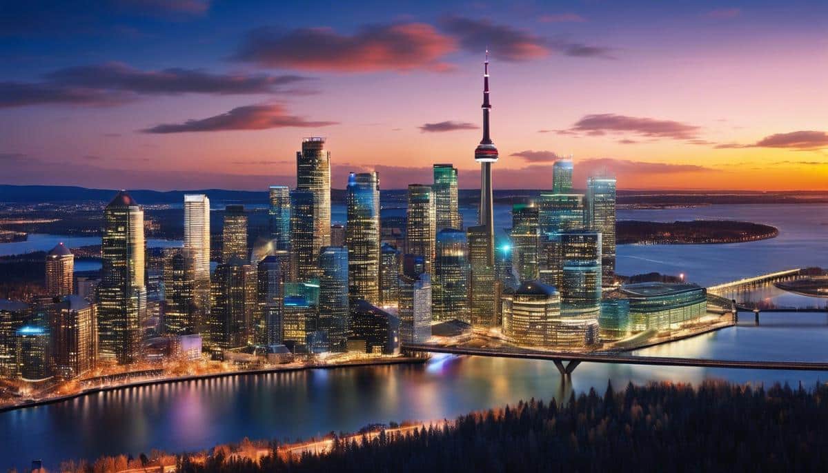 Image Description: A photo of Canada's digital infrastructure showcasing a futuristic city skyline with advanced technology and high-speed internet connectivity.