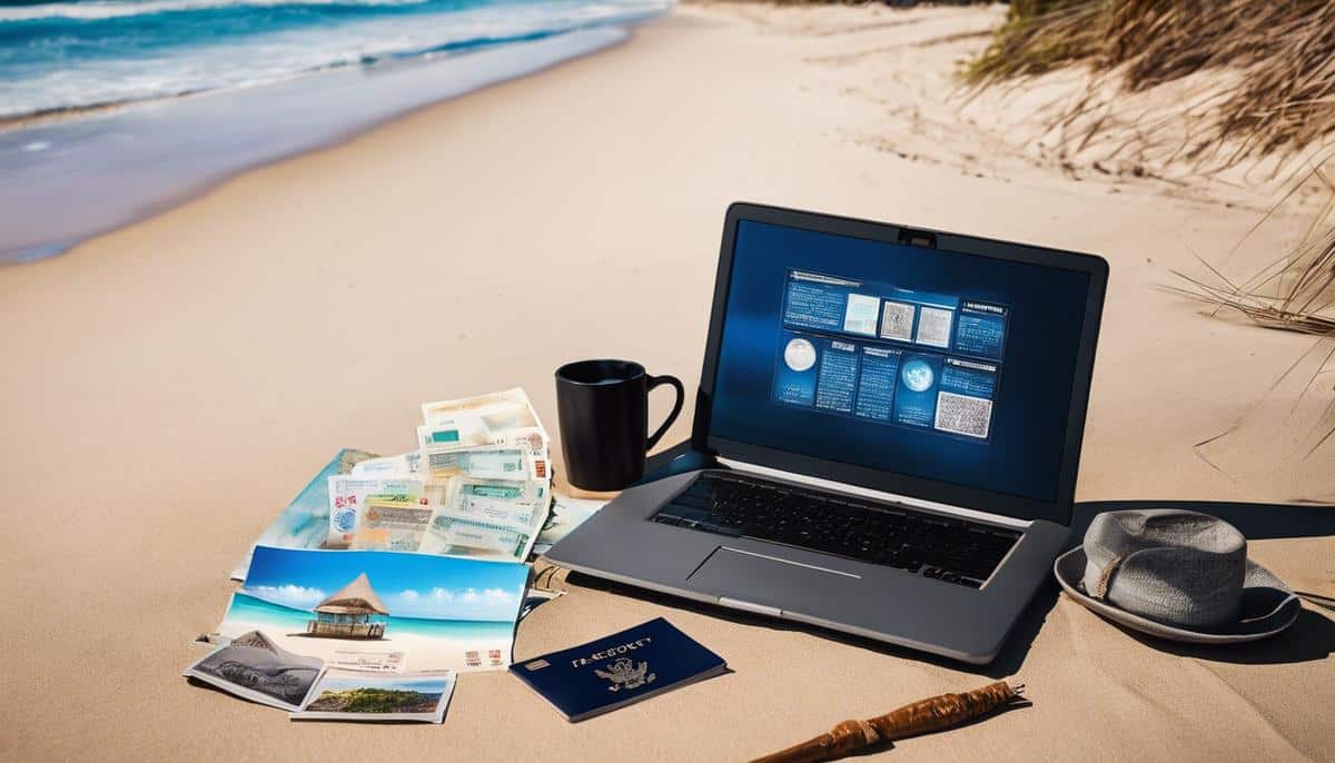 Image of a passport with stamps and a laptop on a beach, representing the digital nomad lifestyle