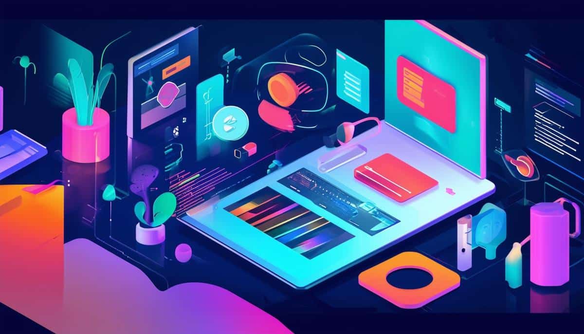 An image envisioning the future of graphic design with Canva, showcasing advanced technology and the blurring lines between professionals and amateurs