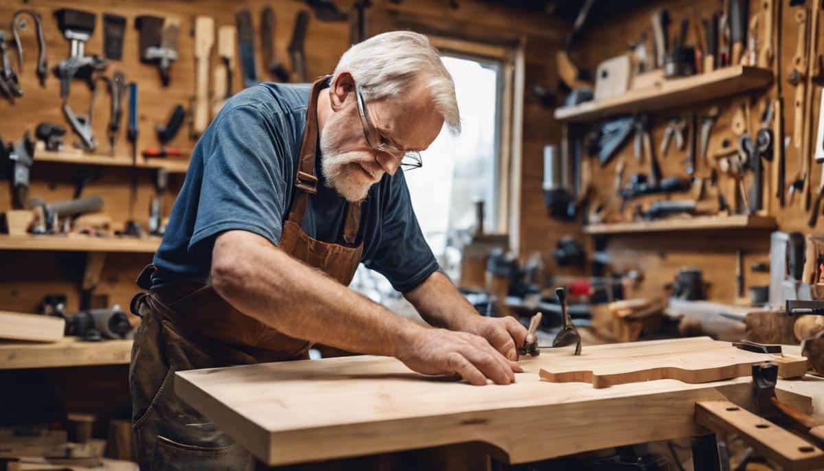 A retired Caucasian man in his workshop, working on a woodworking project as a hobby that could be turned into a side business.