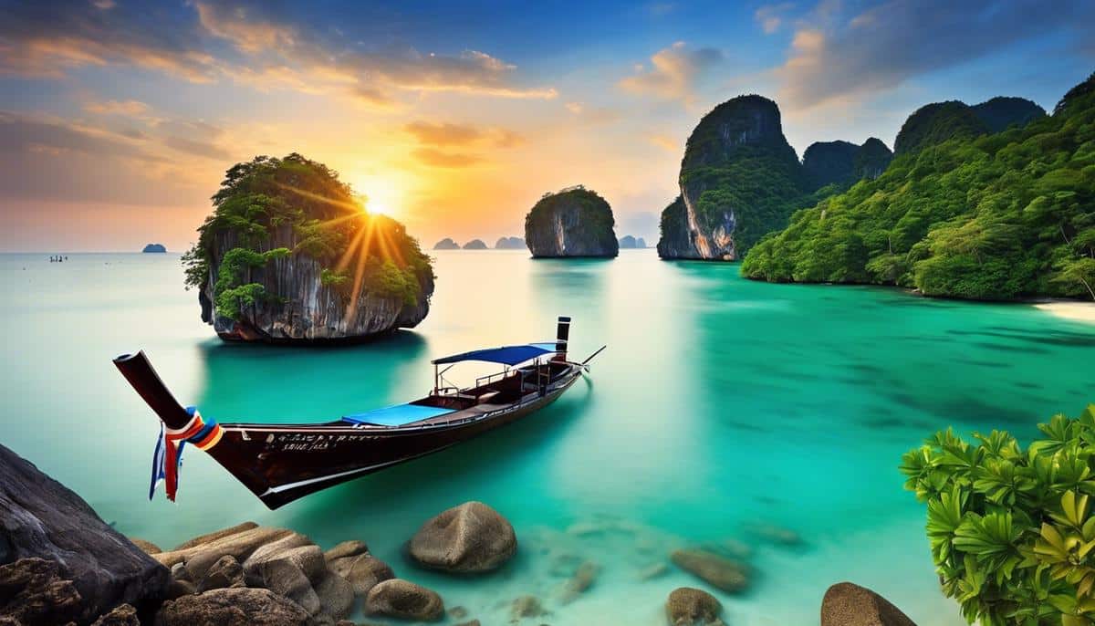 A picturesque view of a beach in Thailand with palm trees and crystal clear blue waters.